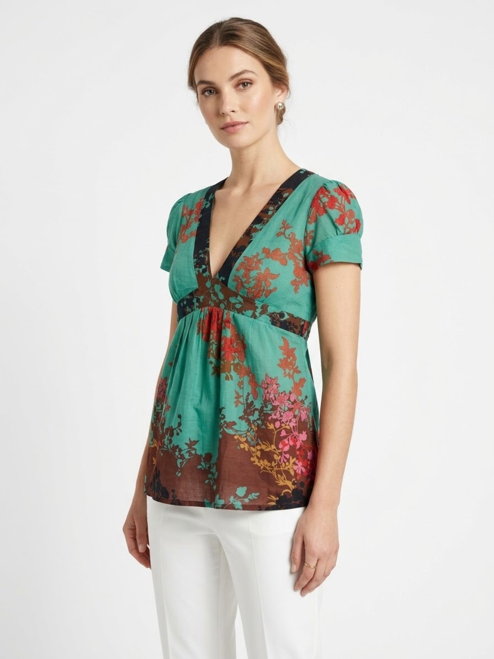 Hype Teal Floral V-Neck Empire Waist Tunic with Brown Accents